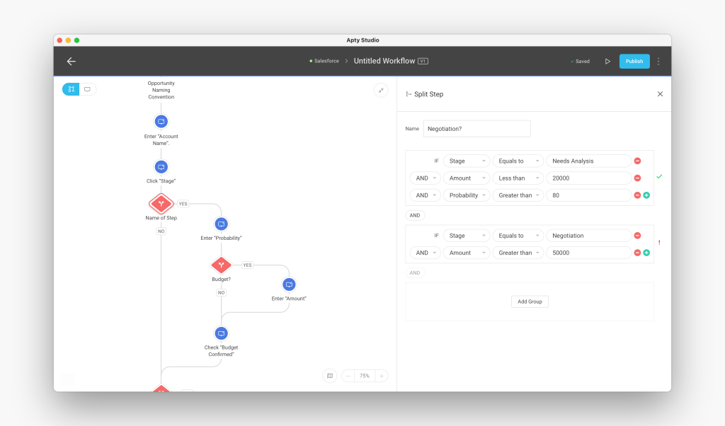 Apty Admin UI for Content Creation and Software Training Walkthroughs. Create different if/then workflow branches and tag different entry points for more customized, inclusive, and accessible training guides.